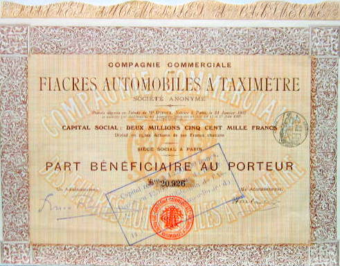 Couverture de 1907 ACTION DES FIACRES AUTOMOBILES A TAXIMETRE TAXI