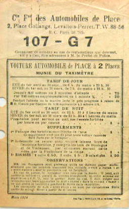 Couverture de 1924 TARIF ET REGLEMENT DE LA Cie Fse DES AUTOMOBILES DE PLACE G7