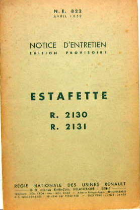 Couverture de 1959-4 RENAULT ESTAFETTE R2130-2131 LIVRET D'ENTRETIEN NE 822