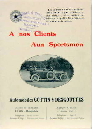 Couverture de 1913 COTTIN ET DESGOUTTES AUX SPORTSMEN LISTE DES VICTOIRES EN COURSE DE COTE