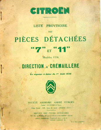 Couverture de 1936-8 TRACTION 7 ET 11 CATALOGUE DE PIECES DETACHEES PROVISOIRE ORIGINAL