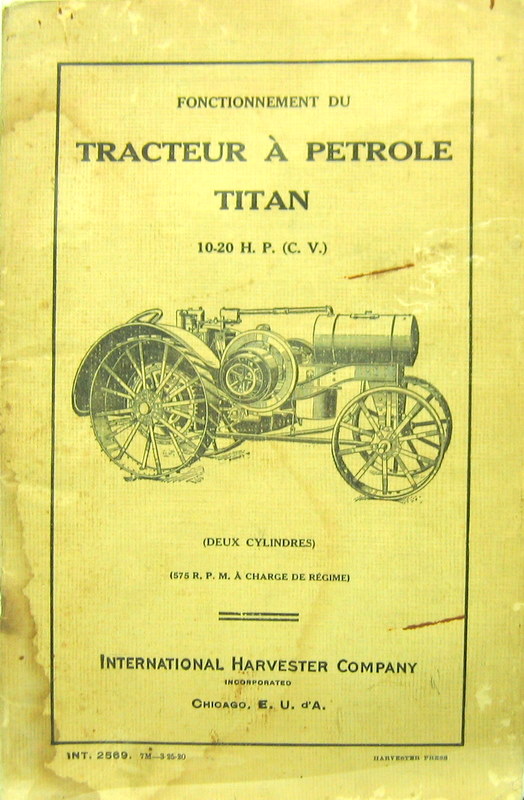 Couverture de 1920-3 TITAN TRACTEUR LIVRET D'ENTRETIEN ET CATALOGUE DE PIECES DETACHEES