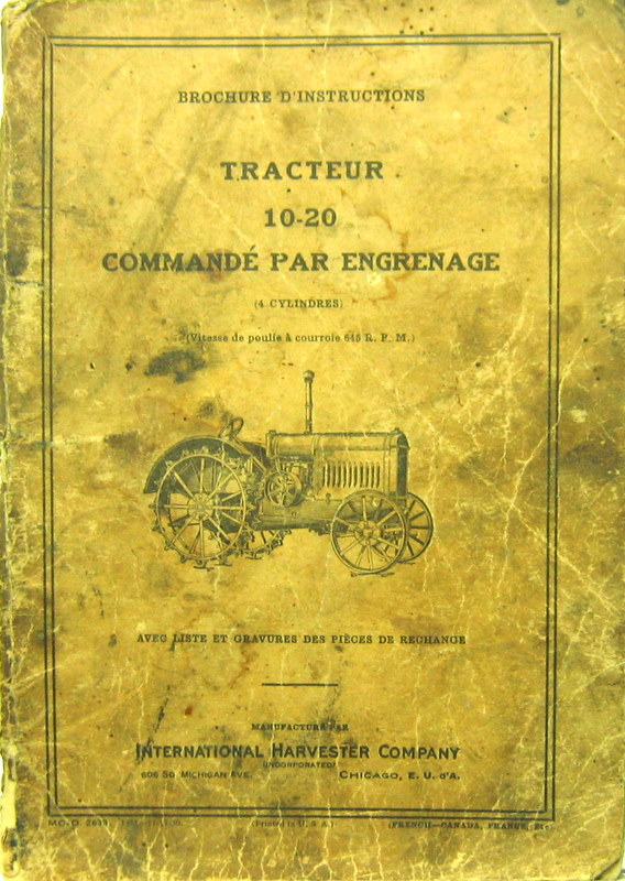 Couverture de 1930-11 TRACTEUR INTERNATIONAL HARVESTER COMPANY 10-20 4 CYL. LIVRET D'ENTRETIEN ET CATALOGUE DE PIECES DE RECHANGE