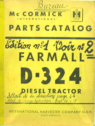 Couverture de 1956-3 FARMALL TRACTEUR DIESEL D 324 CATALOGUE DE PIECES DETACHEES EN ANGLAIS