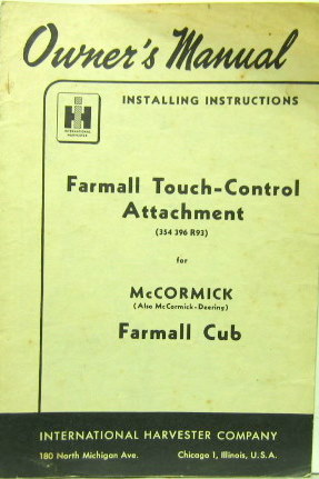 Couverture de 1951 FARMALL TRACTEUR CUB TOUCH CONTROL ATTACHEMENT  LIVRET D'ENTRETIEN EN ANGLAIS