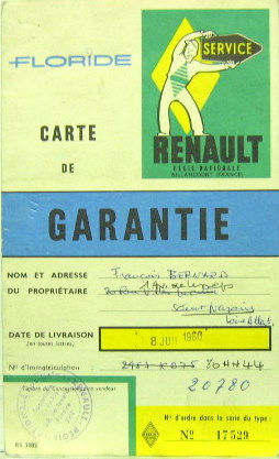 Couverture de 1960-7 RENAULT FLORIDE CARTE DE GARANTIE