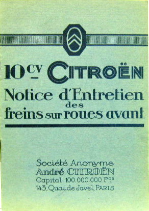 Couverture de 1925-12 CITROEN 10 HP LIVRET D'ENTRETIEN DES FREINS SUR ROUES AVANT AC 324