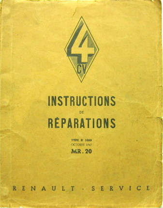 Couverture de 1947-1948-1949 RENAULT 4 CV R1060 MANUEL DE REPARATION MR 20