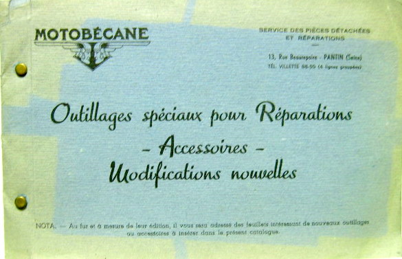 Couverture de MOTOBECANE OUTILLAGES SPECIAUX POUR REPARATIONS ACCESSOIRES MODIFICATIONS NOUVELLES ENVIRON 1950-1960