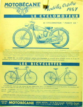 Couverture de 1947 MOTOBECANE GAMME PONEY CYCLE 125 MOBYCLUB Z46C ET STANDARD LATERALE D45A PROSPECTUS