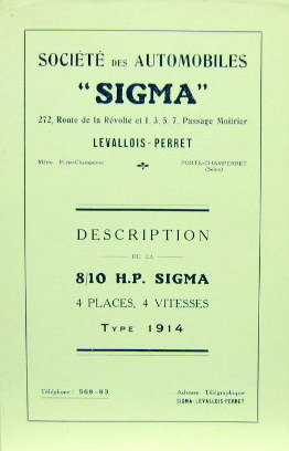 Couverture de 1914 SIGMA 8/10 HP A LEVALLOIS PERRET  CATALOGUE