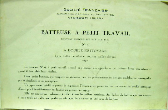 Couverture de SOCIETE FRANCAISE DE VIEZON BATTEUSE A PETIT TRAVAIL N°4  
TYPE 302