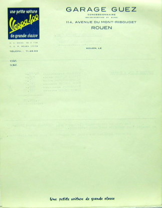 Couverture de VESPA 400 LETTRE A ENTETE DU GARAGE GUEZ A ROUEN
