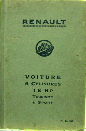 Couverture de RENAULT 6 CYLINDRES 18 HP TYPE TOURISME ET SPORT JS ET JY  LIVRET D'ENTRETIEN NE 38