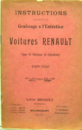 Couverture de 1909-1910 RENAULT 4 CYLINDRES 14 HP LIVRET D'ENTRETIEN
