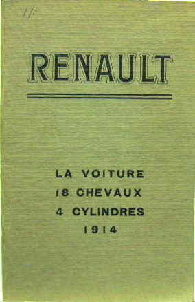 Couverture de 1914 RENAULT 4 CYLINDRES 18 HP LIVRET D'ENTRETIEN