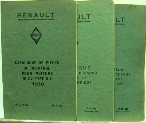 Couverture de 1930 RENAULT 10 HP KZ CATALOGUE DE PIECES DE RECHANGE AU CHOIX