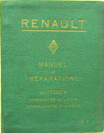 Couverture de 1933-11 RENAULT VIVAQUATRE KZ9 ET PRIMAQUATRE KZ10 MANUEL DE REPARATION MR9