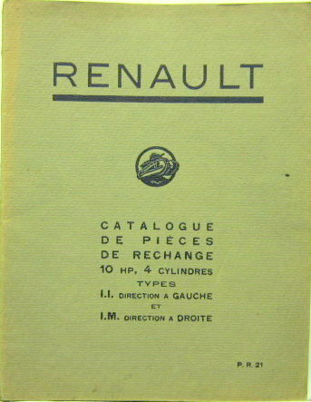 Couverture de 1923-12 RENAULT 10HP 4 CYLINDRES II ET IM CATALOGUE DE PIECES PR21