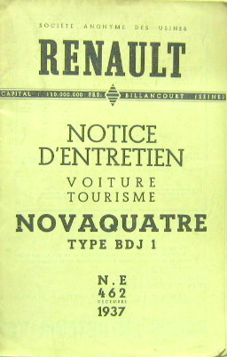 Couverture de 1937-12 RENAULT NOVAQUATRE BDJ1 LIVRET D'ENTRETIEN NE 462