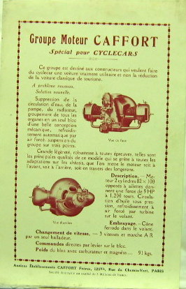 Couverture de MOTEUR CAFFORT SPECIAL POUR CYCLECARS A PARIS PROSPECTUS