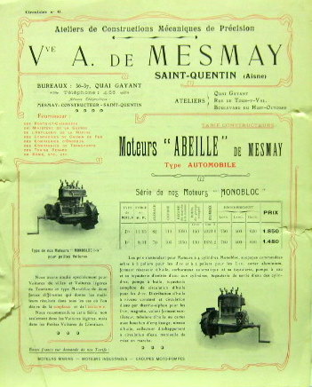 Couverture de MOTEURS Vve A DE MESMAY MOTEURS ABEILLE POUR AUTOMOBILE CAMION TRACTEUR LOCOMOTEUR A SAINT QUENTIN PROSPECTUS