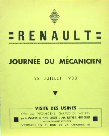 Couverture de 1938 RENAULT JOURNEE DU MECANICIEN VISITE DES USINES CATALOGUE AVEC DESCRIPTIF