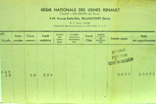 Couverture de 1946 RENAULT BULLETIN DE PAYE