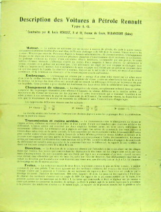 Couverture de 1921 RENAULT TYPE IG DESCRIPTION FEUILLE DES MINES