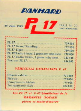 Couverture de 1959-6 PANHARD PL 17 TARIF