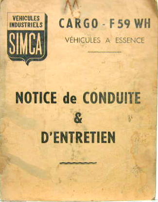 Couverture de 1958 SIMCA CARGO F 59 WH A ESSENCE LIVRET D'ENTRETIEN