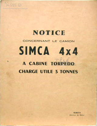 Couverture de SIMCA 4X4 3 TONNES CABINE TORPEDO ?  LIVRET D'ENTRETIEN