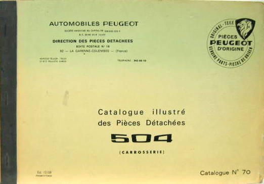 Couverture de 1968-12 PEUGEOT 504 CATALOGUE DE PIECES DETACHEES CARROSSERIE N°70