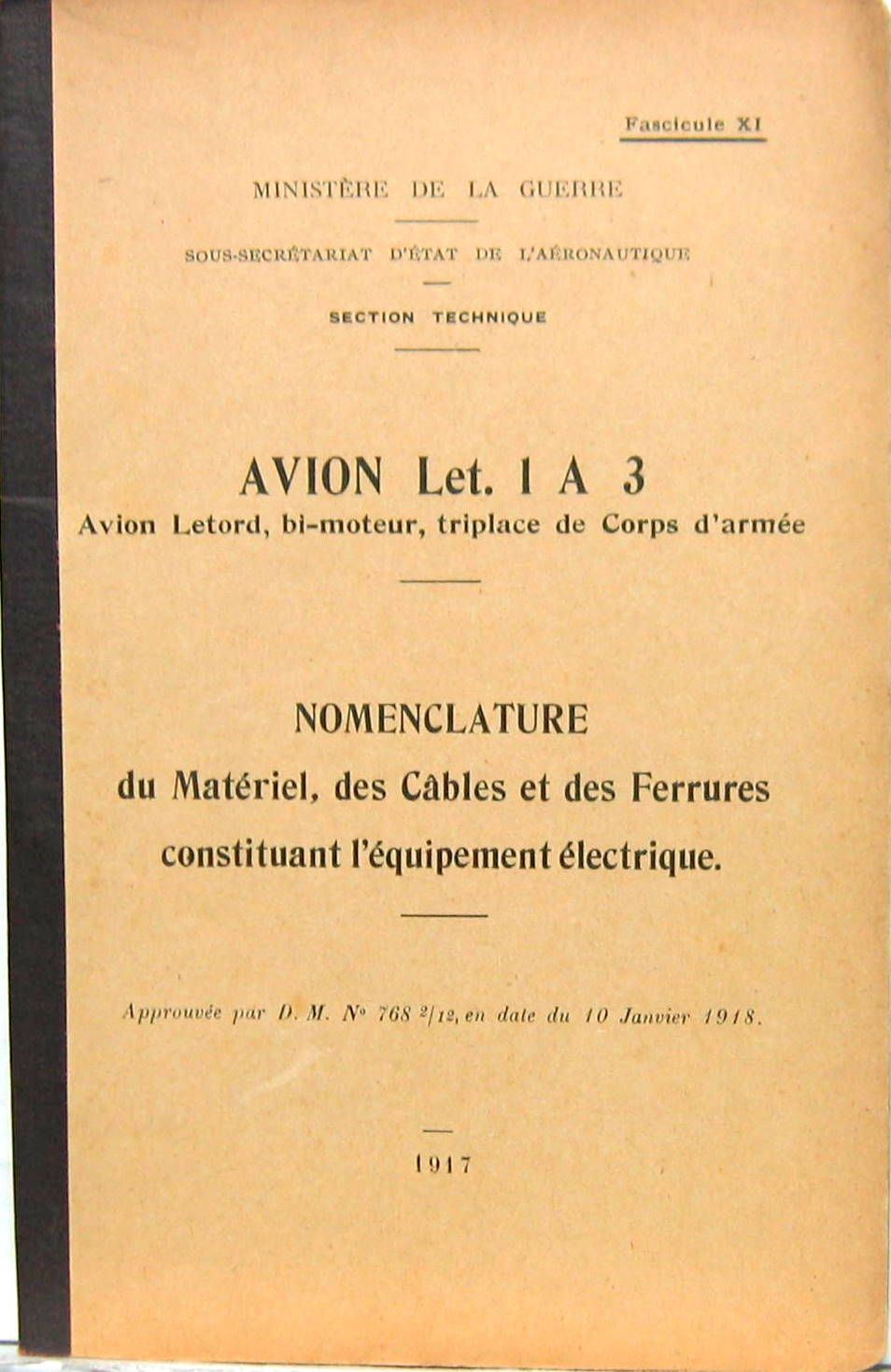 Couverture de 1917 AVION LETORD BIMOTEUR TRIPLACE DE CORPS D'ARMEE LET 1 A 3   NOMENCLATURE ELECTRIQUE