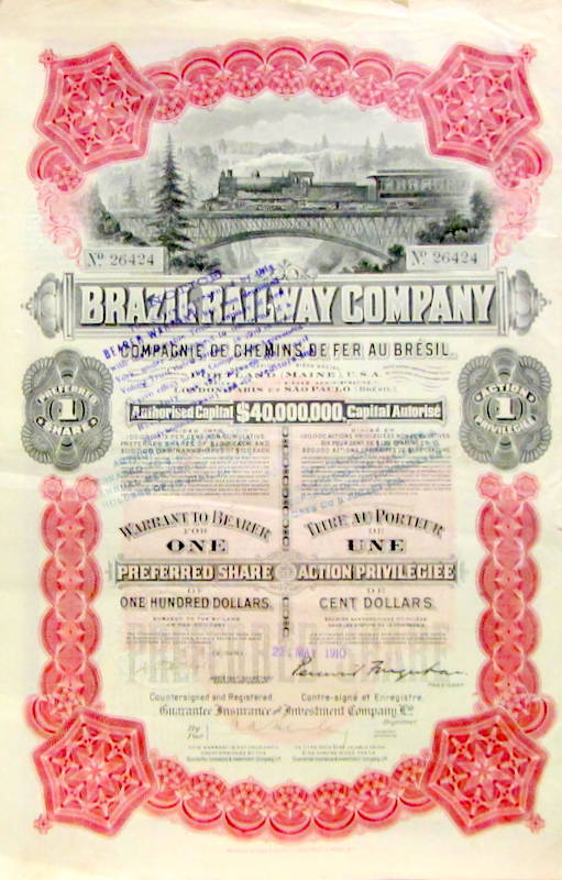 Couverture de 1910 BRAZIL RAILWAY COMPANY ACTION PRIVILEGIEE DE 100 DOLLARS AVEC 24 COUPONS EN ANGLAIS ET FRANCAIS