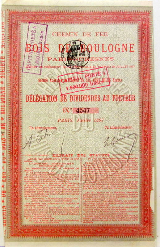 Couverture de 1897 ACTION DES CHEMINS DE FER DU BOIS DE BOULOGNE PARIS SURESNES  AVEC SES 5 COUPONS