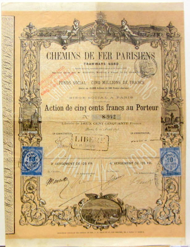 Couverture de 1940 ACTION DES OMNIBUS DE PARIS 31 COUPONS SUR 83 - 1873 ACTION DES CHEMINS DE FER PARISIENS TRAMWAYS NORD AVEC 20 COUPONS SUR 40