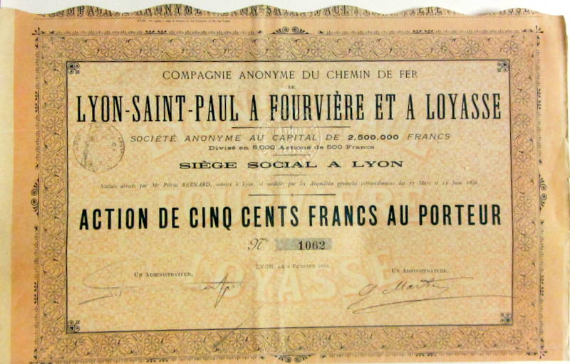 Couverture de 1899 ACTION DES CHEMINS DE FER DE LYON SAINT PAUL A FOURVIERE ET A LOYASSE   AVEC SES 40 COUPONS