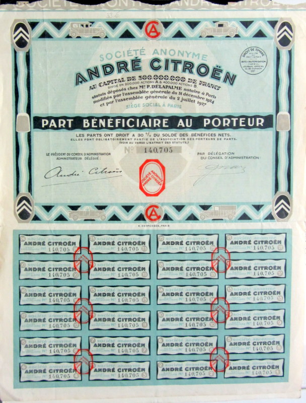 Couverture de 1927 - ACTION CITROEN  PART BENEFICIAIRE AU PORTEUR SIGNEE CITROEN
