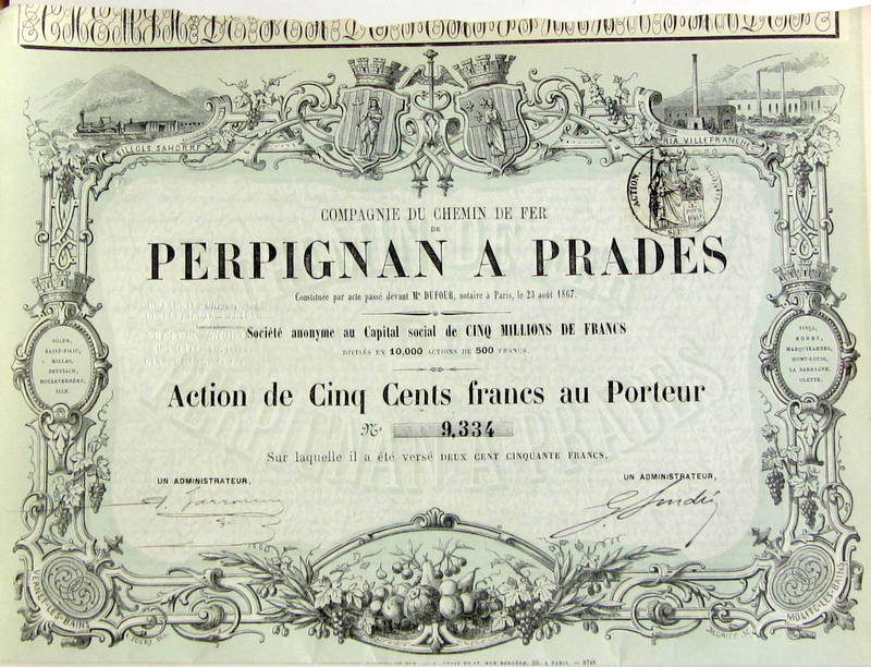 Couverture de 1887 ACTION DES CHEMINS DE FER DE PERPIGNAN A PRADES    AVEC SES 38 COUPONS SUR 40