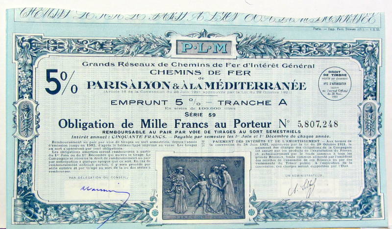 Couverture de 1931 ACTION DU  PARIS -LYON -MEDITERRANEE PLM 20 COUPONS SUR 68