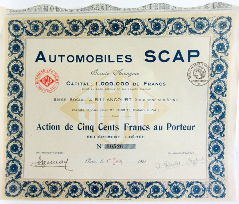 Couverture de 1921 SCAP ACTION AU PORTEUR COMPLET DE CES 25 COUPONS