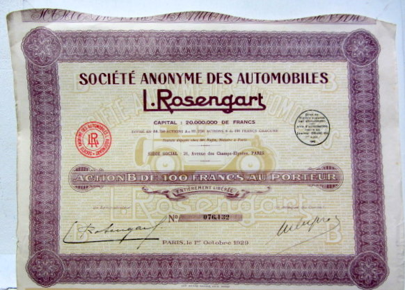 Couverture de 1929 ROSENGART ACTION SIGNEE DE ROSENGART AVEC 28 COUPONS