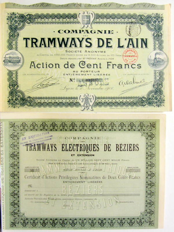 Couverture de 1906 ACTION DES TRAMWAYS DE L'AIN 35 COUPONS SUR  40 - 1932  TRAMWAYS ELECTRIQUES DE BEZIERS