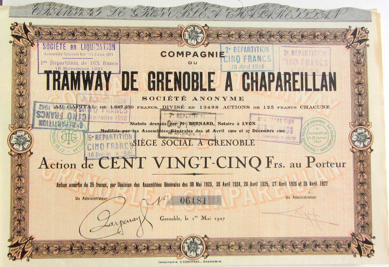 Couverture de 1906 ACTION UNION DES TRAMWAYS BRUXELLES   24 COUPONS SUR  40 - 1927  TRAMWAYS DE GRENOBLE A CHAPAREILLAN 18 COUPONS SUR 40