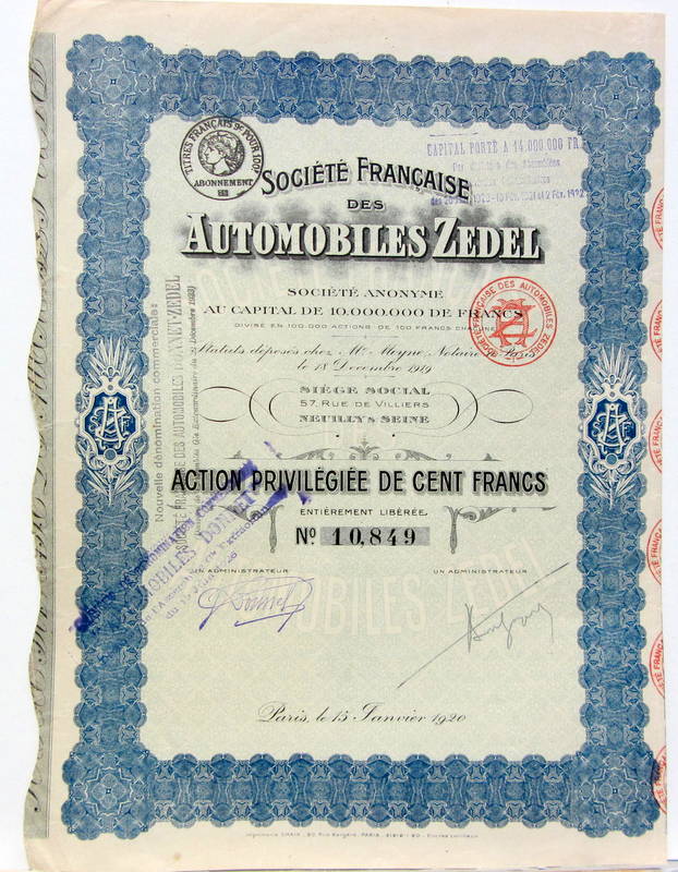 Couverture de 1920 ZEDEL ACTION SIGNEE DE DONNET? 28 COUPONS SUR 40