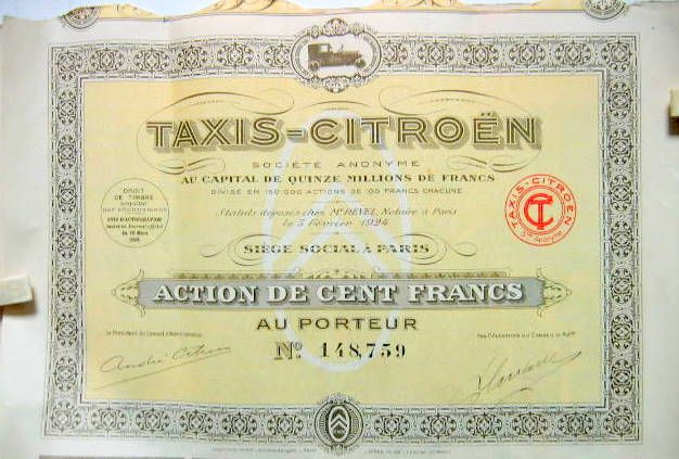 Couverture de 1924 - ACTION TAXIS CITROËN DE 100 FRANCS AU PORTEUR