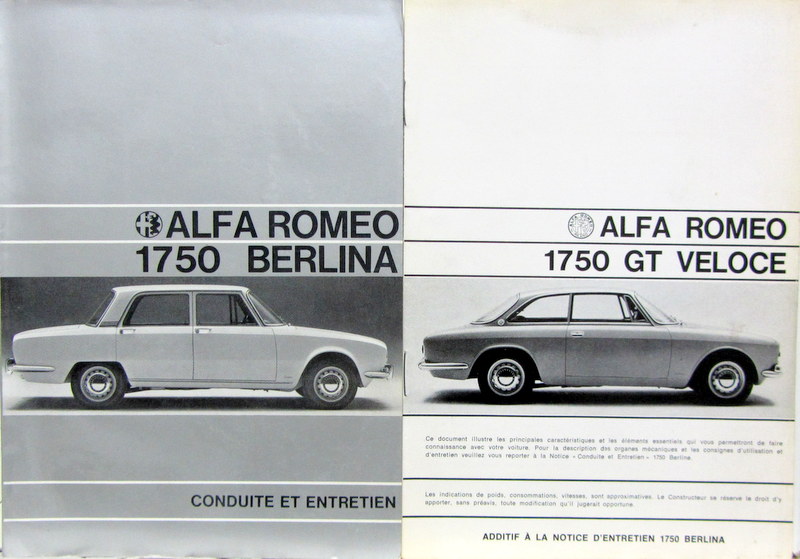Couverture de 1968 ALFA ROMEO 1750 GT VELOCE LIVRET D'ENTRETIEN LIVRET DE BASE BERLINE DU 10-1968 + ADDITIF GTV DU 3-1968