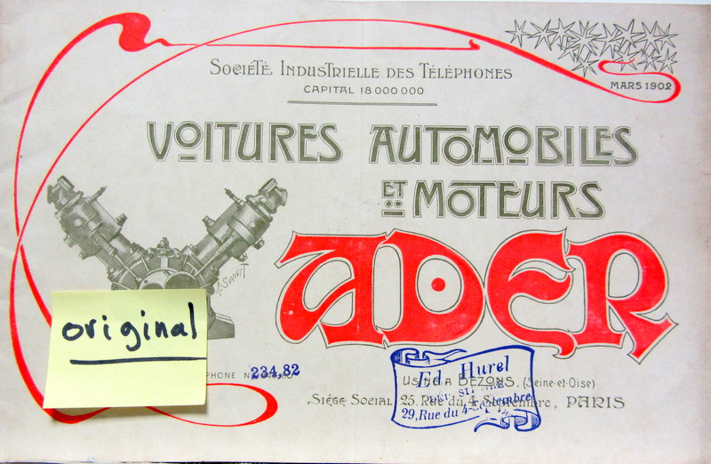 Couverture de 1902 VOITURES AUTOMOBILES ET MOTEURS CLEMENT ADER LE PIONNIER DE L'AERONAUTIQUE USINE A BEZON CATALOGUE