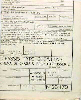 Couverture de 1953-9 BERLIET PLAN D'EPOQUE POUR CHASSIS GLC6 a LONG N°261179 AU 1/20 EME
